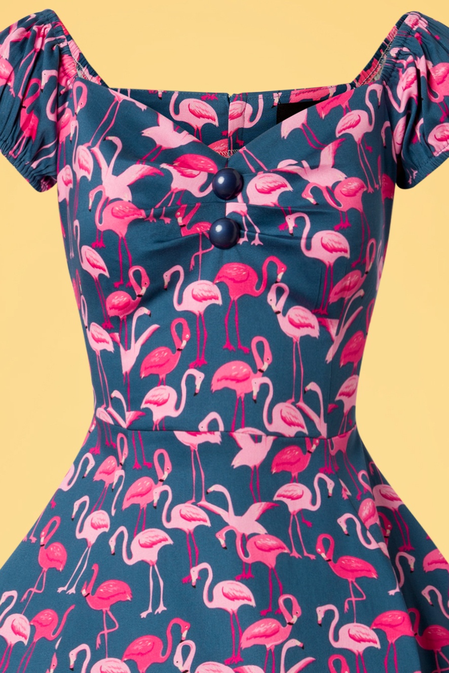 Collectif Clothing - Dolores Flamingo Flock poppenjurk in blauw 3