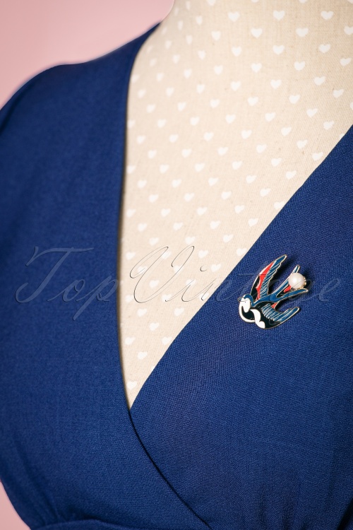 Collectif Clothing - 50s Sadie Swallow Brooch in Gold and Blue 2