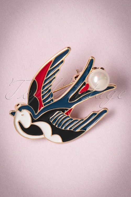 Collectif Clothing - 50s Sadie Swallow Brooch in Gold and Blue