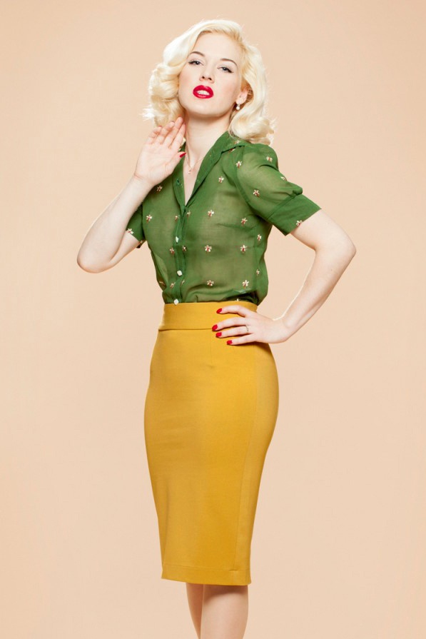 Very Cherry 50s Classic Pencil Skirt in Mustard Yellow Shop at Topvintage