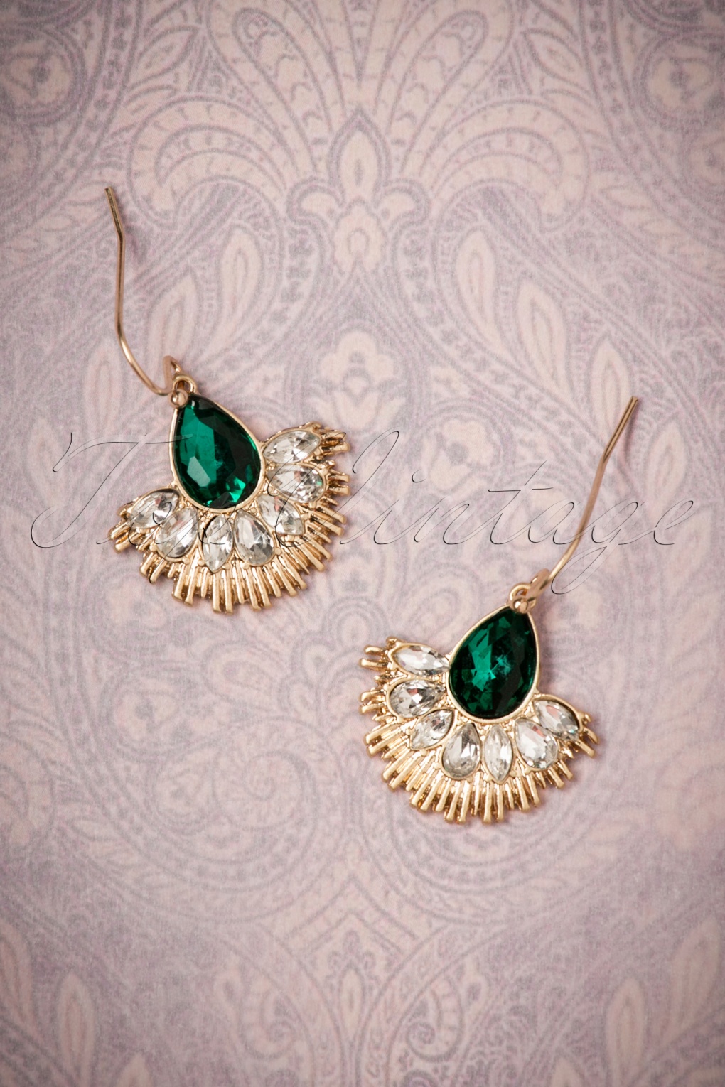 20s Crystal Fan Drop Earrings in Gold and Green