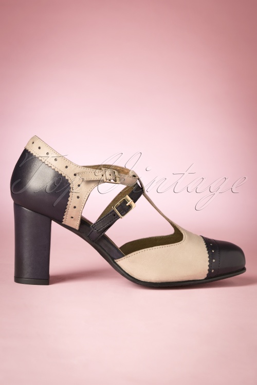 La Veintinueve - 60s Elena Leather T-Strap Pumps in Beige and Blue 3