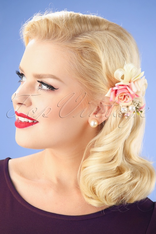 Lovely - Haarclip met bloemen en parels in crème en roze