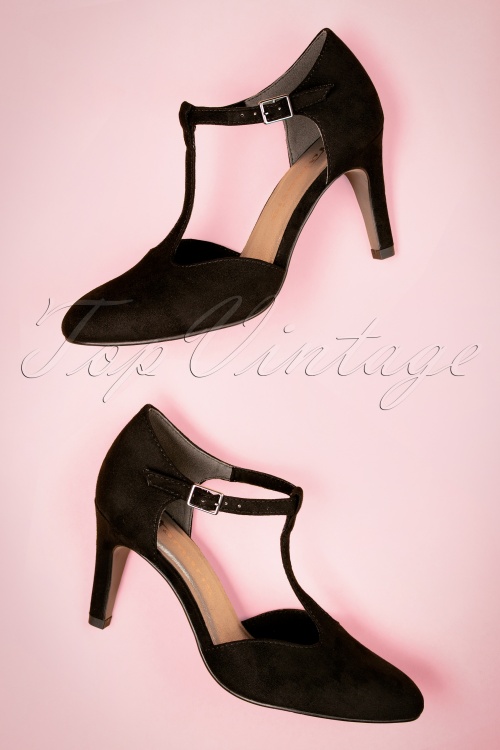 Tamaris - 50s Stella T-strap Suedine Pumps in Black