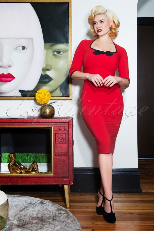 Glamour Bunny - 50s Karen Sleeved Pencil Dress in Red