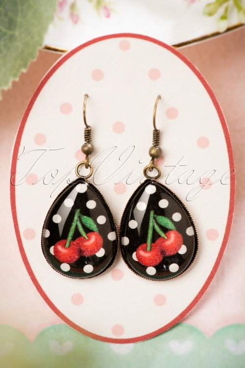 Sweet Cherry - Cherry Drop Earrings Années 50 en Noir et Rouge