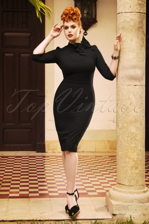 Vintage Diva  - The Maxine Bow Pencil Dress in Black