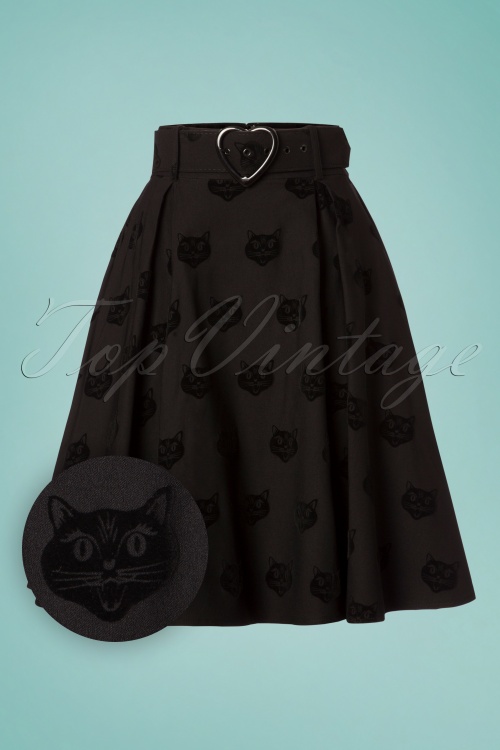 Collectif Clothing - Naomi Velvet Cat Skater Skirt Années 50 en Noir