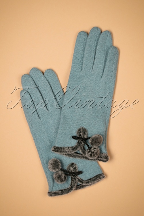 Powder - 40s Betty Pom Pom Wool Gloves in Ice Blue 3