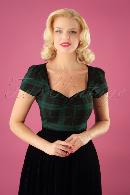 Collectif Clothing - 50s Mimi Slyther Check Top in Black and Green