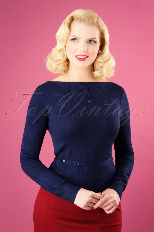 Banned Retro - Violetta Knitted Top Années 60 en Bleu Nuit