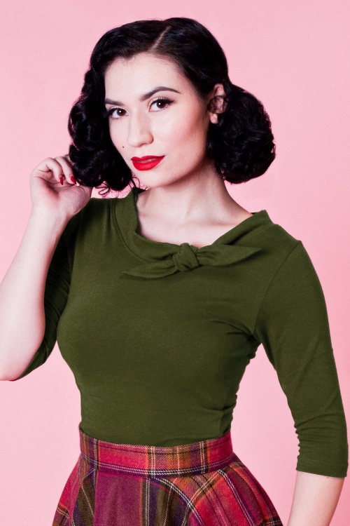 Heart of Haute - 50s Lily Bow Top in Olive 2