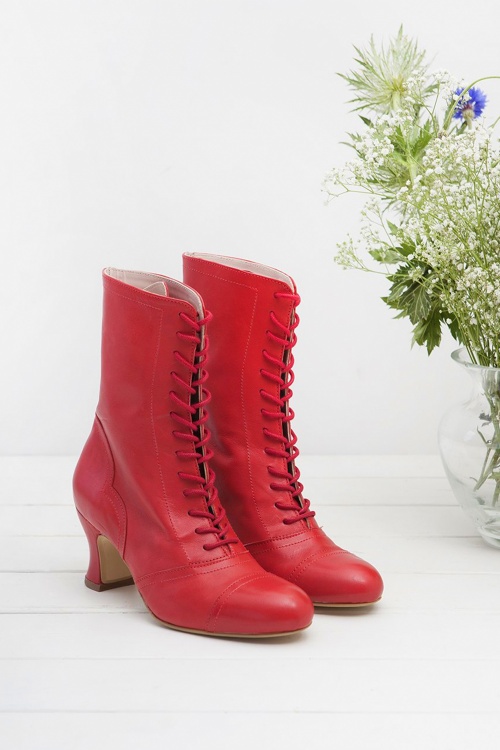 40s Frida Lace Up Booties in Red