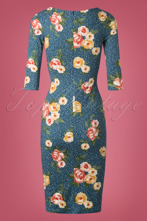 Vintage Chic for Topvintage - 50s Therrie Floral Dots Pencil Dress in Teal 4