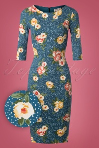 Vintage Chic for Topvintage - 50s Therrie Floral Dots Pencil Dress in Teal 2