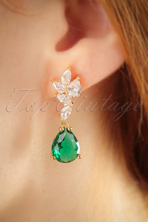 Vixen - Emerald Drop Earrings Années 50 en Doré