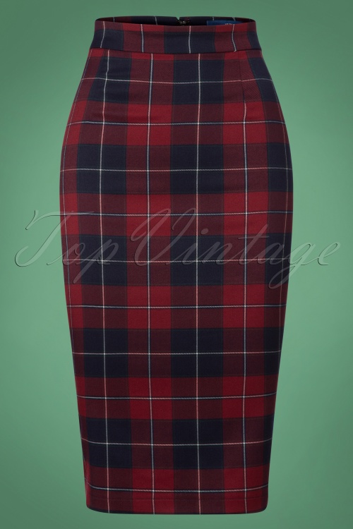 Collectif Clothing - Polly Ginsburg Check Pencil Skirt Années 50 en Rouge et Bleu Marine 2