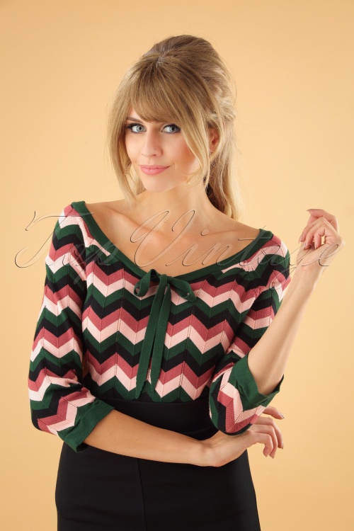 Banned Retro - 60s Zooey Zig Zag Bow Top in Green and Pink