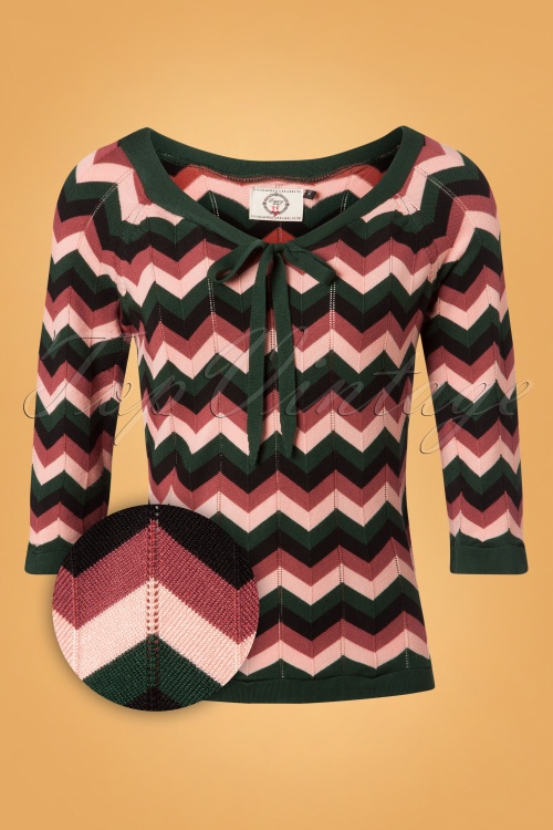 Banned Retro - 60s Zooey Zig Zag Bow Top in Green and Pink 2