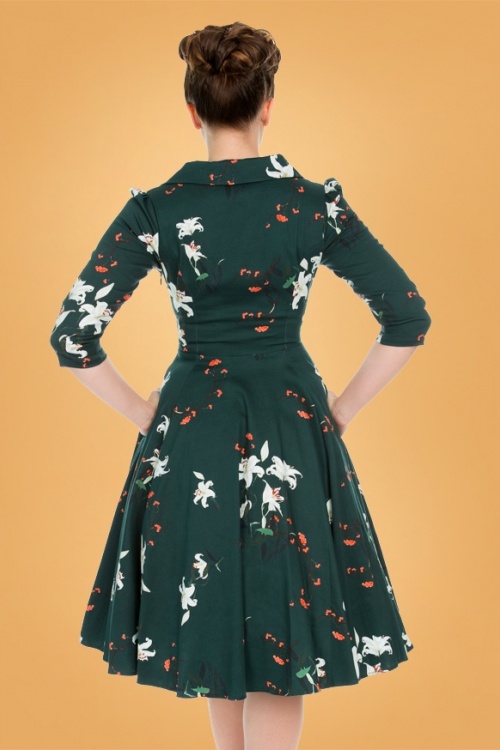 Hearts & Roses - 50s Dorothy Lily Flower Swing Dress in Green 2