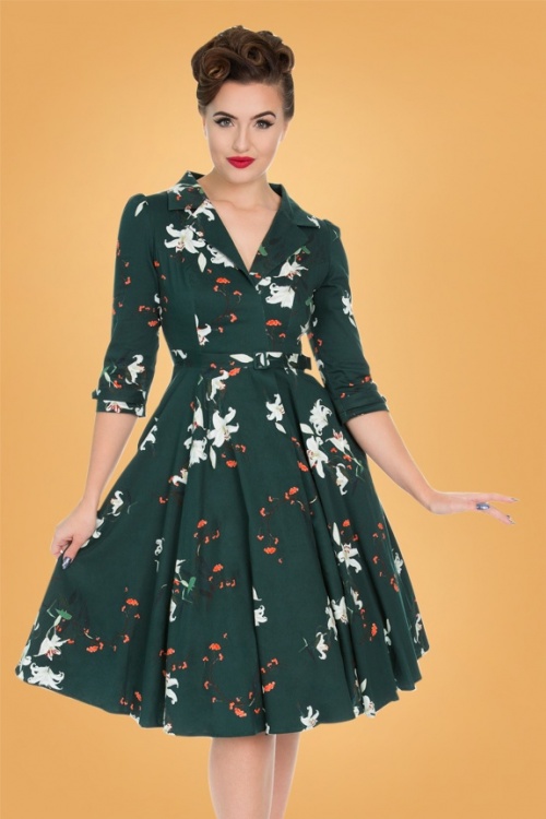 Hearts & Roses - 50s Dorothy Lily Flower Swing Dress in Green