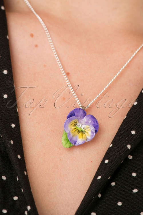 Hop Skip And Flutter - 60s Porcelain Pansy Pendant Necklace in Purple