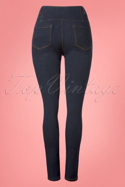 Collectif Clothing - Rebel Kate High Waist Stretch Trousers Années 50  en Bleu Jean 3
