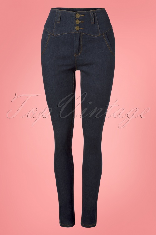 Collectif Clothing - Rebel Kate Stretch-Hose mit hoher Taille in Jeansblau