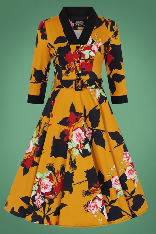 Hearts & Roses - 50s Autumn Floral Swing Dress in Mustard 2