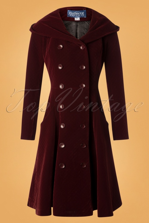 Collectif Clothing - 50s Heather Hooded Quilted Velvet Coat in Wine 2