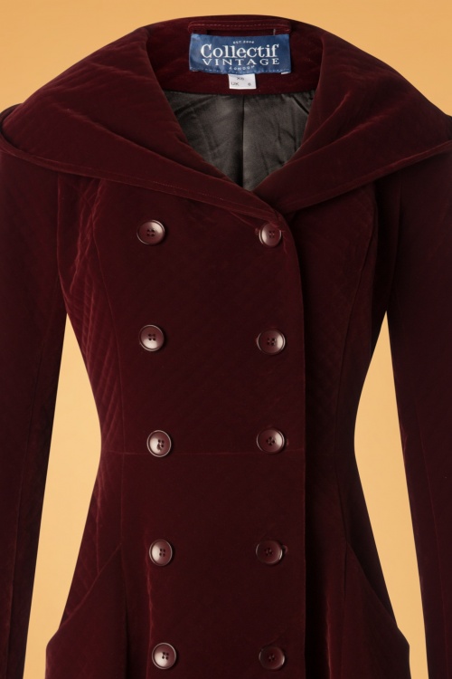 Collectif Clothing - 50s Heather Hooded Quilted Velvet Coat in Wine 4