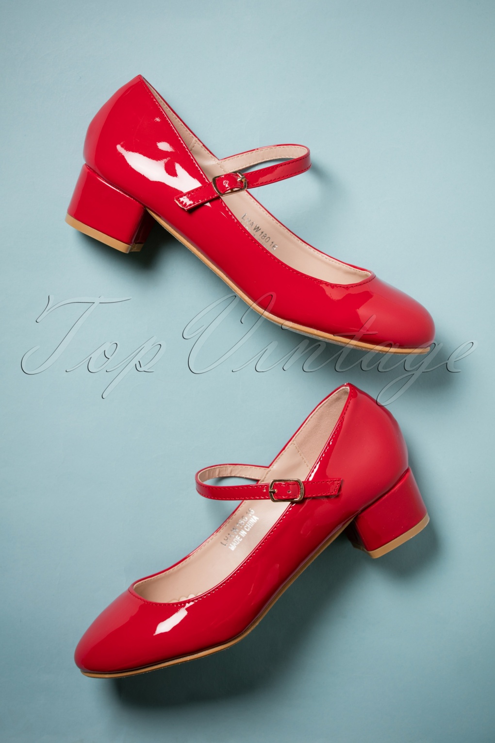60s Mary Jane Patent Block Heel Pumps in Red