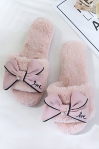 Peach Accessories - 50s Pretty Bow Plush Slippers in Dusty Pink