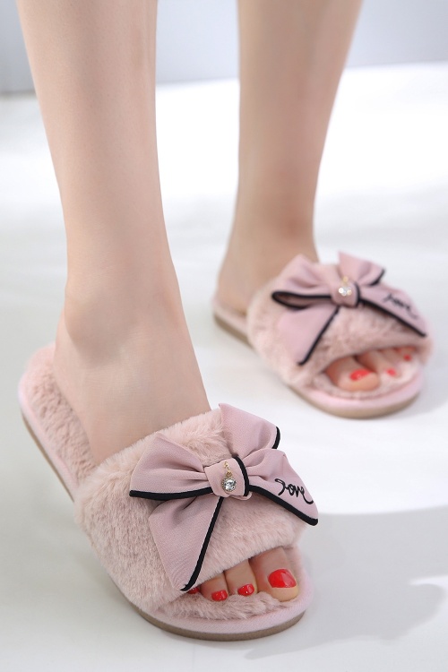Peach Accessories - 50s Pretty Bow Plush Slippers in Dusty Pink 2