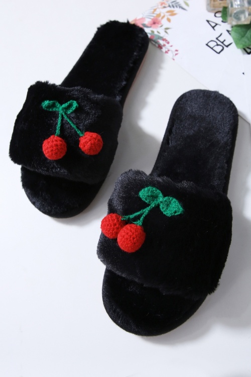 Peach Accessories - 50s Cherry Plush Slippers in Black