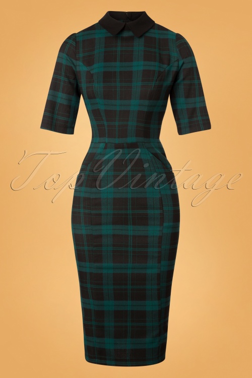Collectif Clothing - 50s Winona Slither Check Pencil Dress in Black and Green 2