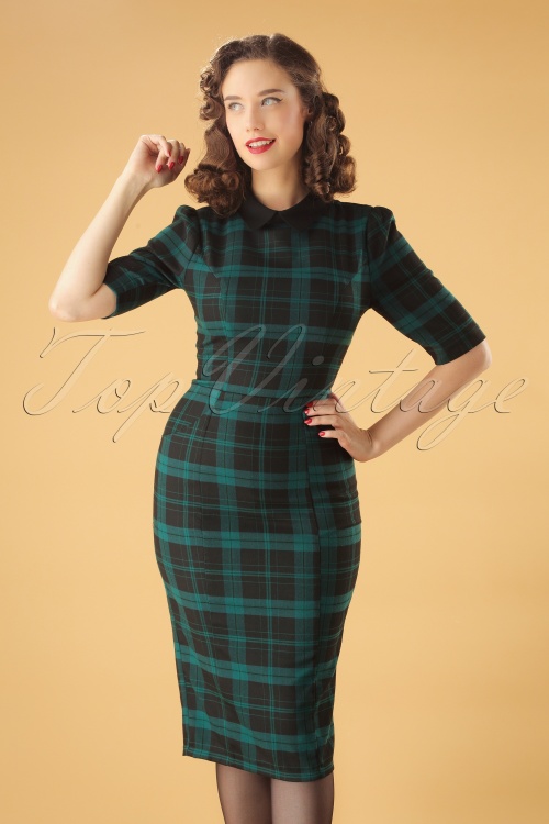 Collectif Clothing - Winona Slither Check Pencil Dress Années 50 en Noir et Vert