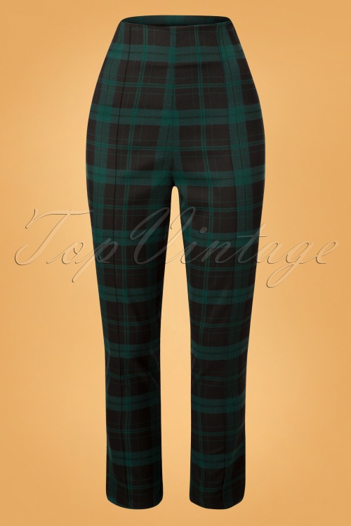 Collectif Clothing - 50s Bonnie Slither Check Trousers in Black and Green 2