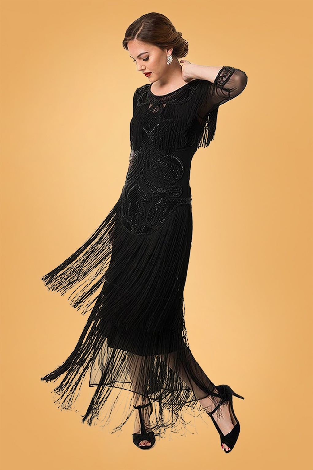 20s Glam Fringe Flapper Maxi Dress in Black