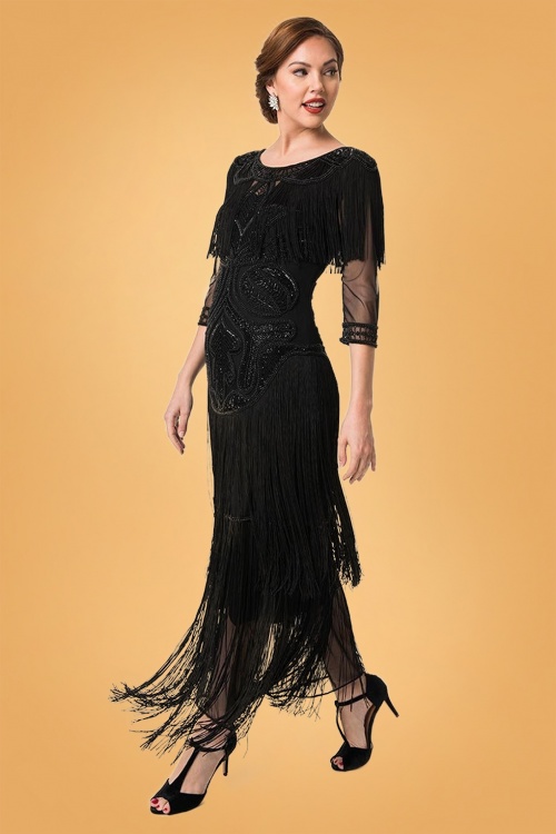 20s Glam Fringe Flapper Maxi Dress in Black