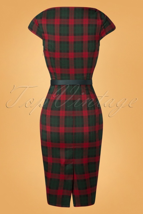 La Veintinueve - Irene Tartan Pencil Dress Années 50 en Rouge et Vert 5