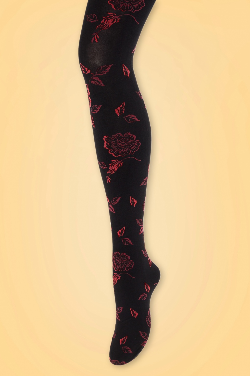 50s Julia Red Roses Tights In Black