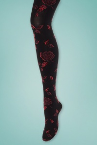 Sneaky Fox - 50s Julia Curvy Red Roses Tights in Black 