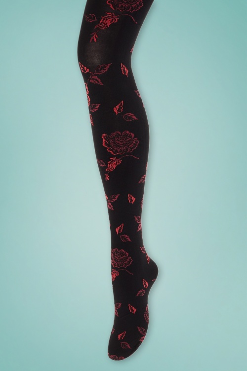 Sneaky Fox - 50s Julia Curvy Red Roses Tights in Black 