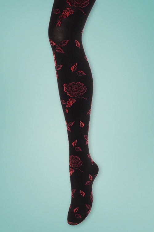 Sneaky Fox - Julia Curvy Red Roses Strumpfhose in Schwarz