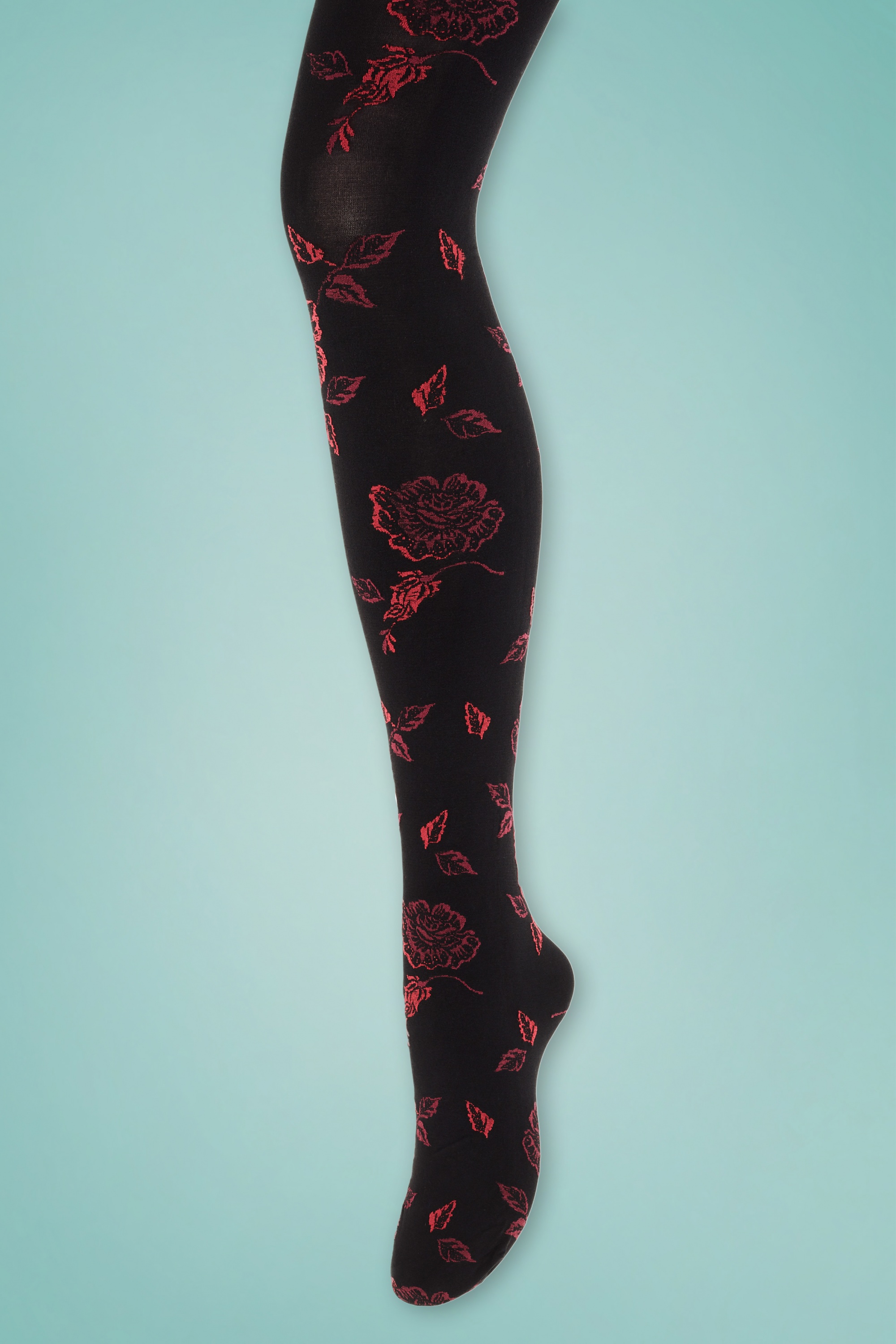 Sneaky Fox 50s Julia Curvy Red Roses Tights in Black | Shop at Topvintage