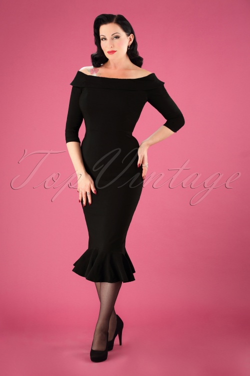 Collectif Clothing - 50s Orla Fishtail Pencil Dress in Black