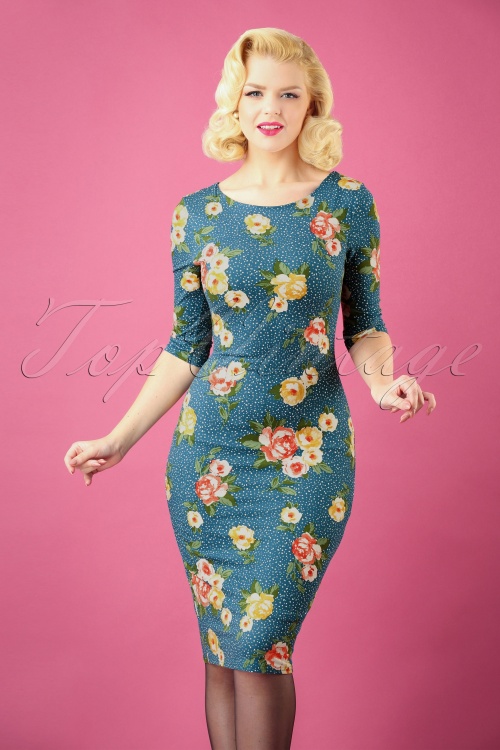 Vintage Chic for Topvintage - 50s Therrie Floral Dots Pencil Dress in Teal