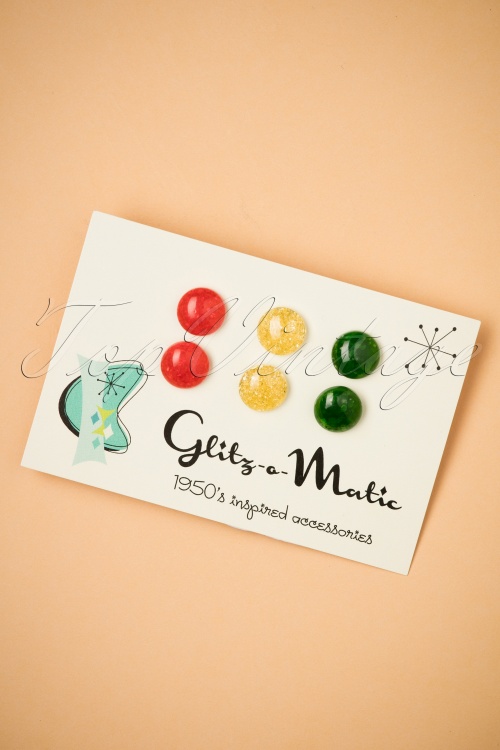 Glitz-o-Matic - 50s Why Choose When You Can Have Them All Stud Earring Set in Green, Red and Honey
