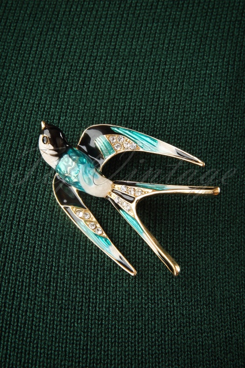 Kaytie - 50s Sparkly Swallow Brooch in Gold and Blue